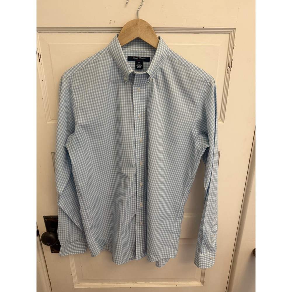 Brooks Brothers Fleece Blue Gingham Cotton Non Iron Button Down Size XL